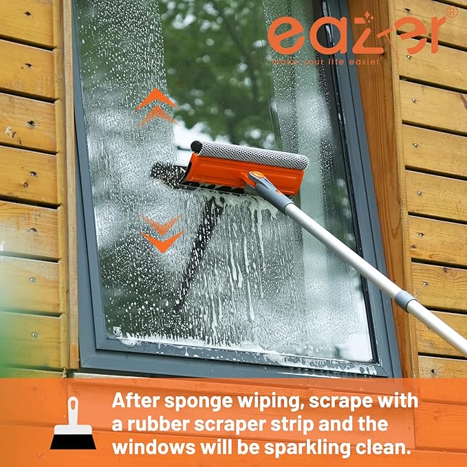 Eazer 46'' Professional Window Cleaner Tool 2-in-1 Rotatable Squeegee for Window Cleaning Kit Window Washing Equipment Kit with Threaded Extension Pole(20''-46'') for Shower/Windshield.