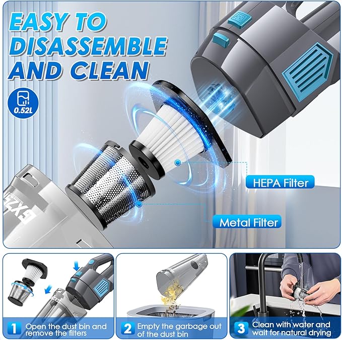 Handheld Vacuum Cordless 15000PA Strong Suction Hand Held Car Vacuum Cleaner Rechargeable Portable Hand Vacuum with Multi-Nozzles &amp Washable Filter for Home Office Car Pets