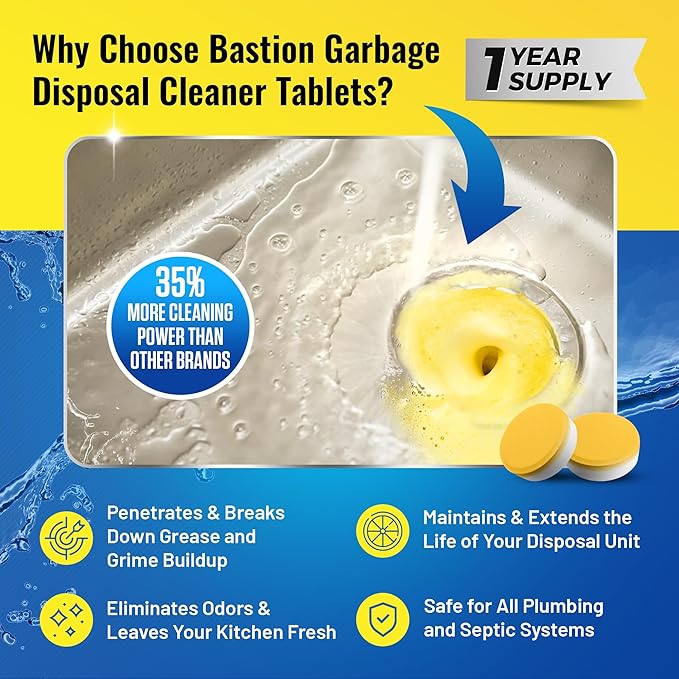 Bastion Garbage Disposal Cleaner Deodorizer Bundle - 24 Pack Disposer Tablets + 50 Count Lemon Zest Disposal Cleaning Drops