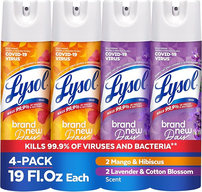 Lysol Disinfectant Spray for Cleaning and Deodorizing Lavender &amp Cotton Blossom + Mango &amp Hibiscus (Pack of 4)