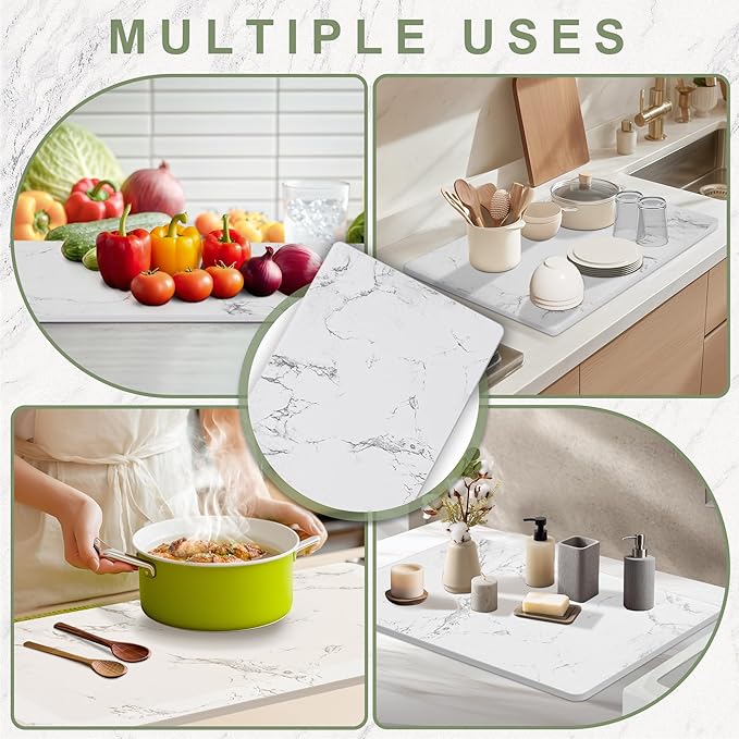 Large Stone Drying Mat for Kitchen Counter 24 × 16 Diatomite Dish Drying Mat Quick Dry Stone Mats Ultra Absorbent Natural Diatomaceous Earth Mats for Dished Bottles White Marble