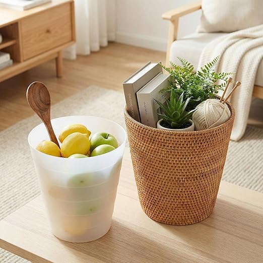 2.5 Gallons Rattan Wastebasket Hand Woven Plastic Trash Can with Removable Liner Stylish Honey Brown Decorative Waste Bin for Bathroom Home Decor