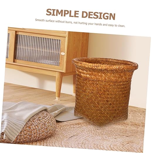 Zerodeko Handwoven Rattan Laundry Basket Medium Decorative Waste Basket for Bedroom and Office Storage Space Saving Sundries Organizer with Neatly Woven Edges
