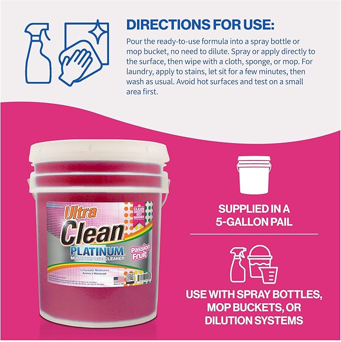 Ultra Clean Platinum Multipurpose Cleaner Non-Abrasive and Bleach-Free for Kitchen Counters Bathroom Floors and Garage Spaces Passion Fruit 5 Gal