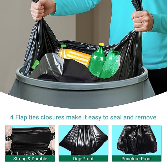 33 Gallon Trash Bags with 4 Innovative Flap Ties 120 Count 1.1 Mil THICK Heavy Duty Compatible with Rubbermaid Brute &amp Winco &amp Behrens 30-33 Gallon Round Trash Can Tear &amp Leak Resistant