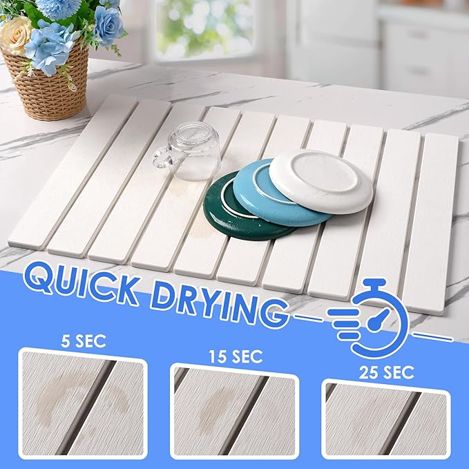 Stone Drying Mat for Kitchen Counter Large Quick Dry Stone Dish Drying Mat Collapsible Foldable Diatomaceous Earth Absorbent Bath Mat for Dishes Utensils Countertop Bathroom 23(L)×15.3(W)