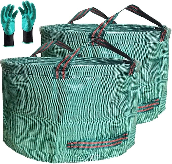 Professional 2-Pack 63 Gallon Lawn Garden Bags Big (D31H19 in) Yard Waste Bags with Gardening Gloves for Reusable Leaf BagGarden Trash ContainersLawn WeedsGrass ClippingsYard Debris Bag 4 Handles