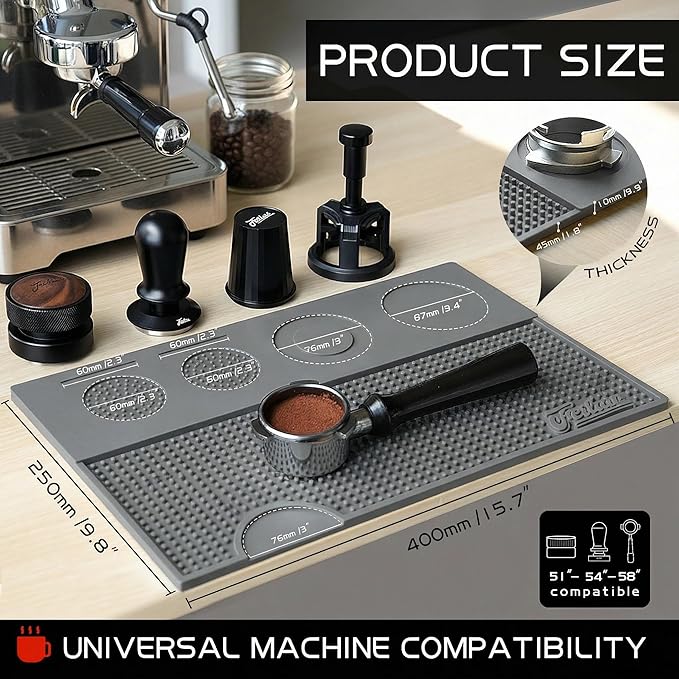 Espresso Tamping Mat Silicone Coffee Bar Mats for CountertopEspresso Tamping Station Non-slip Dish Drying MatEspresso Machine AccessoriesEspresso Organizer (Grey15.7x9.8x0.4)
