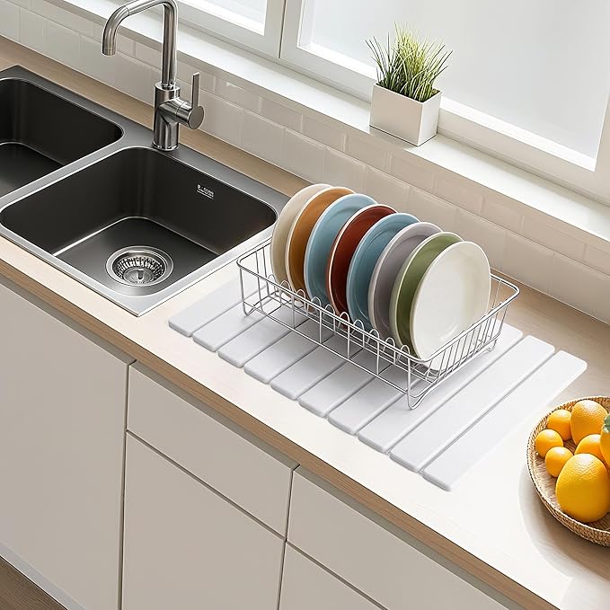 Stone Dish Drying Mat for Kitchen Counter 24x16 Inch Foldable Diatomaceous Earth Drying Mat for Kitchen Quick-drying Super Absorbent Heat-resistant for Sinks Cups Cutlery