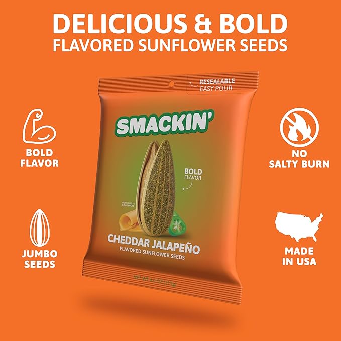 SMACKIN' - Jumbo Roasted Sunflower Seeds No Salty Burn American Made Easy Pour &amp Seal - Cheddar Jalapeño 4oz bag (12 Bags)