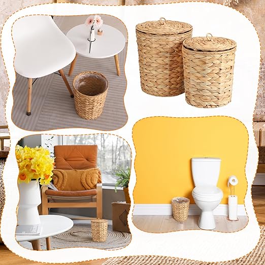 2 Pcs Wicker Trash Can with Lid and Liner 2.7 Gallon and 1.88 Gallon Wastebasket Garbage Can Boho Storage Basket for Bathroom Bedroom Home Office Kitchen