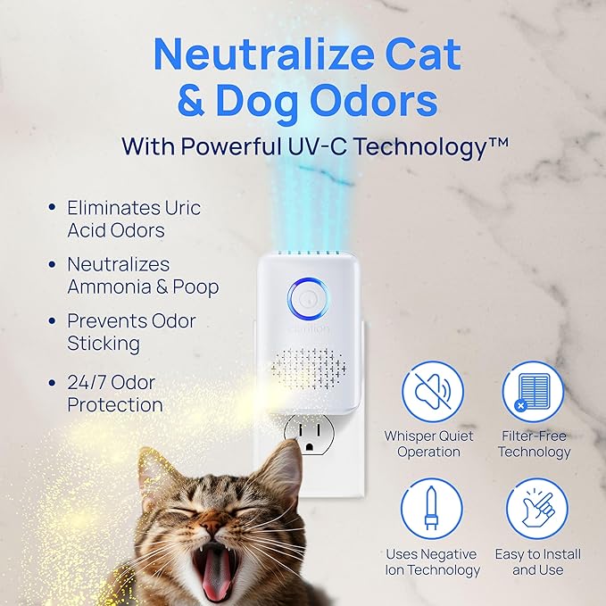 Clarifion ODRx - UV-C Cat Odor Deodorizer &amp Eliminator Removes Cat Pee Smell Filterless Quiet Compact Air Freshener for Bedrooms Living Rooms Litter Box Areas Eliminates Ammonia Odors