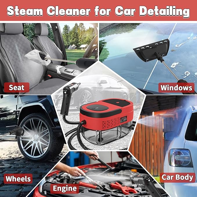 Handheld Steam Cleaner for Home 2500W High Temperature Pressurized Machine 1.6L Water Tank Handle-controlled Steam Output Portable Cleaning Steamer for Car Bed Bugs Furniture Grout (Red)