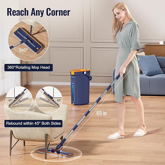 Mop and Bucket Set with Wringer 3-Tank Flat Mop and Bucket System Wall Mop Cleaner with Long Handle Hands Free Mops for Floor Cleaning with 6 Microfiber Pads