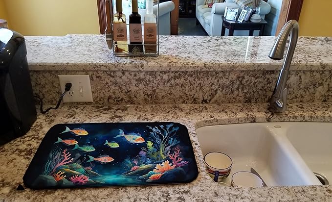 Caroline's Treasures Bioluminescent Fish Dish Drying Mat Absorbent Dish Drying Mat Pad for Kitchen Counter Dish Drainer Mat for Countertop 14 x 21 Multicolor