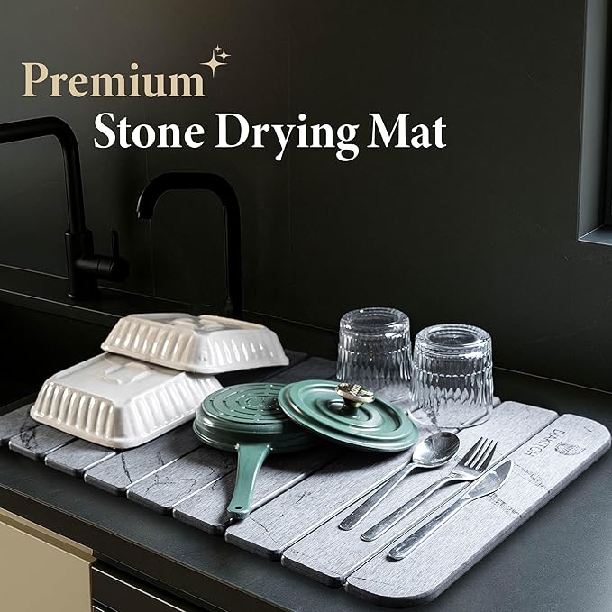 Stone Drying Mat for Kitchen Counter – Super Absorbent Stone Dish Drying Mat Foldable &amp Quick Dry Diatomaceous Earth Mat for Dish &amp Bottle Ideal for Kitchen - 23.6 x 15.4 Dark Grey