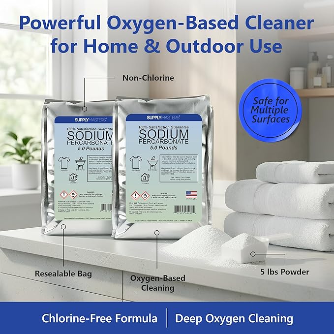 Sodium Percarbonate Powder 2 Pack (10 lbs Total) – Oxygen Bleach Alternative &amp Stain Remover – Multi-Purpose Cleaner for Laundry Carpets Tile Grout Decks Kitchens &amp Outdoor Areas