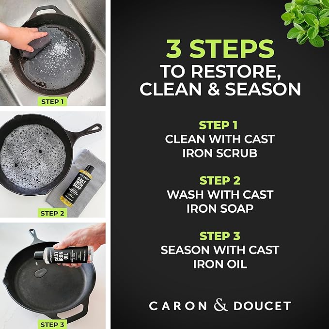 CARON &amp DOUCET – Ultimate Cast Iron Set PLUS: Seasoning Oil Cleaning Soap &amp Restoring Scrub | 100% Plant-Based &amp Best for Cleaning Care Washing Restoring &amp Seasoning Skillets Pans