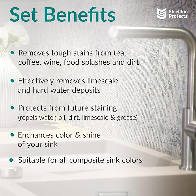 Shieldon Protects Sink Restorer Kit – 3-Step System: Heavy Duty Kitchen Sink Cleaner Hard Water Stain Remover &amp Nano Sealer Protector for Granite Composite Quartz Porcelain &amp Ceramic Kitche