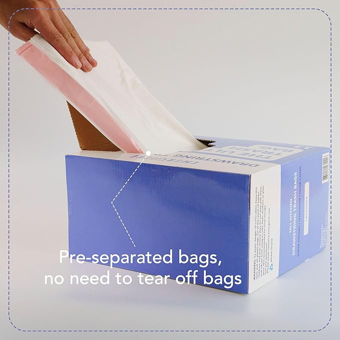 13 Gallon Drawstring Trash Bags Lavender Scented 200 Count Tall Kichen Garbage Bags Pre-Separated Odor Control Ultra Strong Leakproof Sturdy White