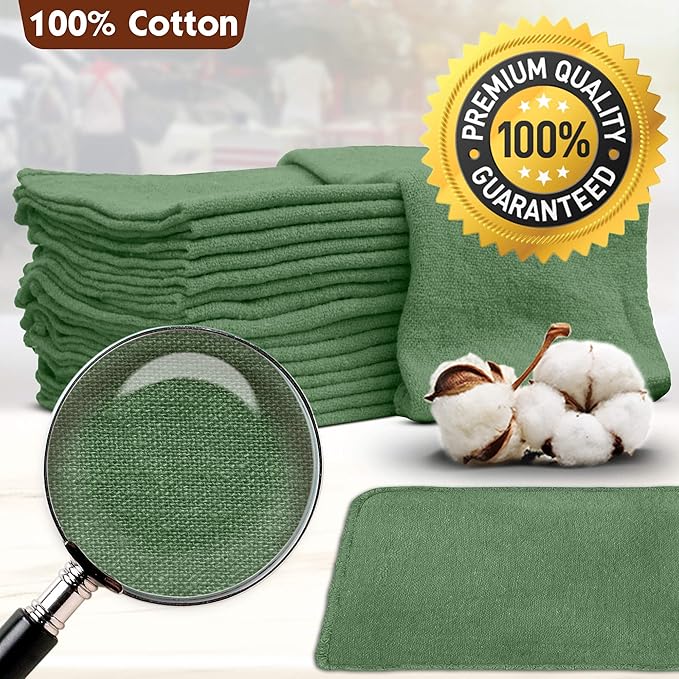 Nabob Wipers Auto Mechanic Shop Towels 100 Pack Bulk Rags 100% Cotton Commercial Grade Shop Rags Size 14x14 (100 Pack Green)