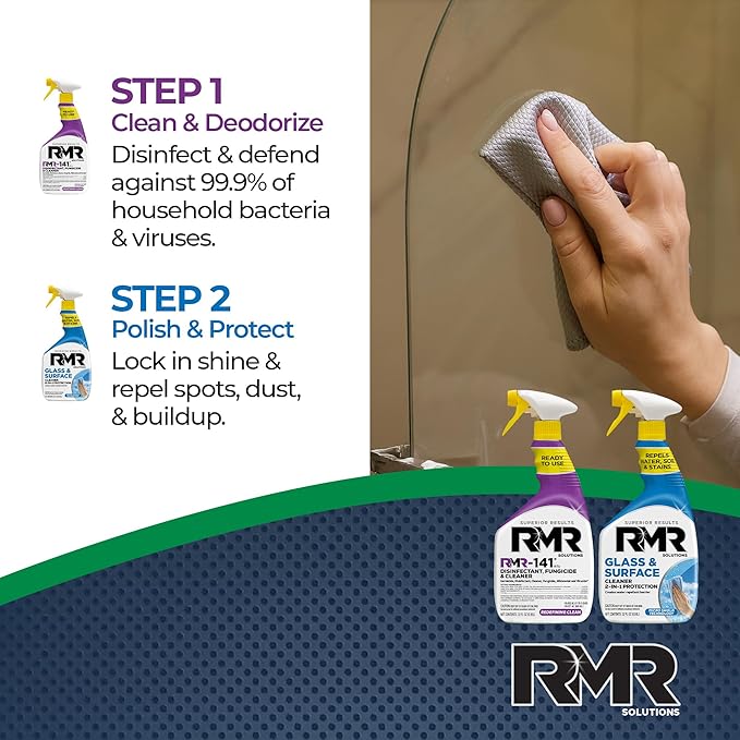 RMR Defend &amp Detail Duo – RMR-141 EPA Registered Mold &amp Mildew Spray + Glass &amp Surface Cleaner/Repellent 2-Step Clean &amp Protect System for Glass Tile Bathrooms Surfaces 2–32 Oz Bo