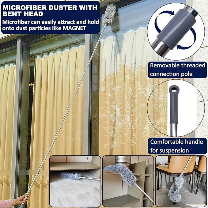 20+ Ft High Reach Ceiling Fan Duster &amp Cobweb &amp Corner Brush Duster with 3-14 ft Spliceable Pole Microfiber Feather Duster for Spider Web High Ceiling Blinds Furniture Cleaning Tool Kit