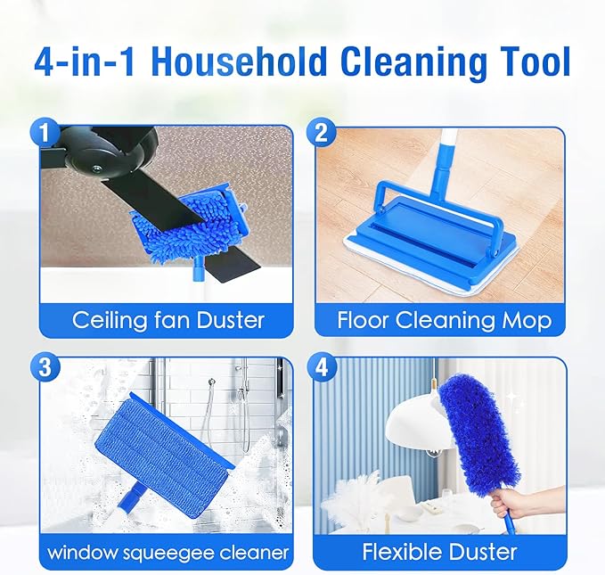 Ceiling Fan Cleaner Duster with 72 Extension Pole &amp 4 Reusable Pads High Ceiling Fan Blade Cleaning Tool Flexible Microfiber Duster for BaseboardBlindsCobwebsFloor -Lightweight &amp Washab