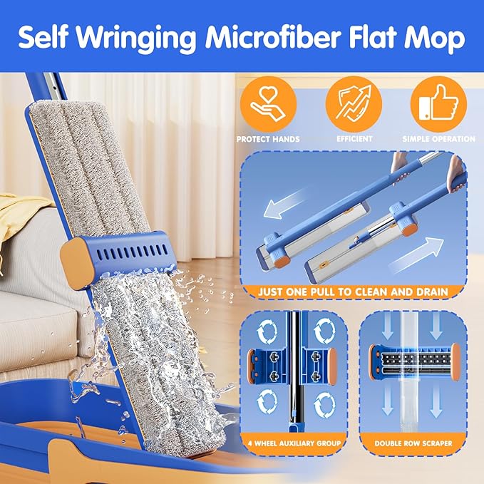 16.5 Microfiber Self Wringing Flat mopWet Dry mops for Cleaning Floorswith 55 Long Handle for Wall Cleaner with Squeegee (New Mop &amp 5 Microfiber mop Pads &amp Folding Bucket)