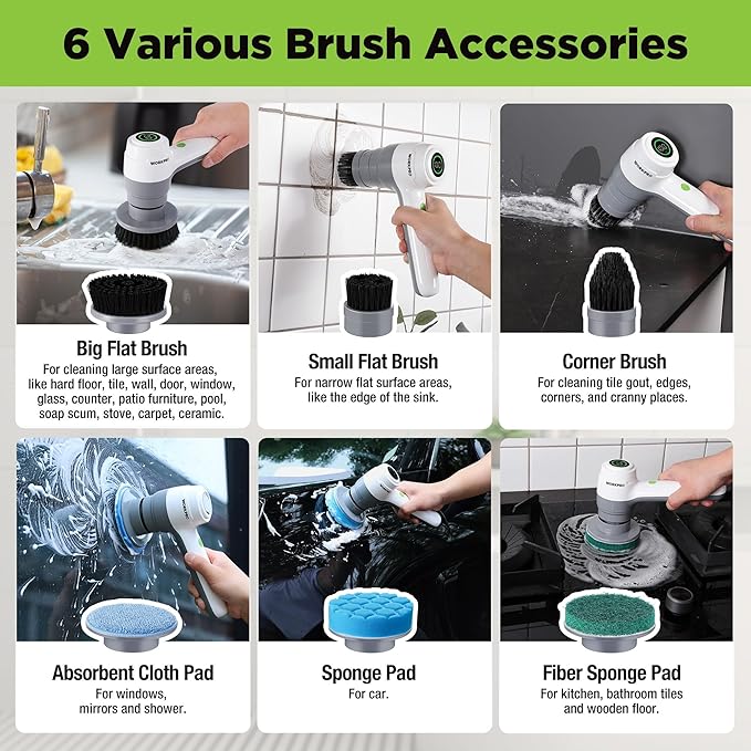 WORKPRO 8V Electric Spin Scrubber 3-Speed Adjustable Shower Scrubber with 6 Replaceable Brush Heads IPX6 Waterproof Electric Scrubber for Cleaning Bathroom Kitchen Sinks and Windows