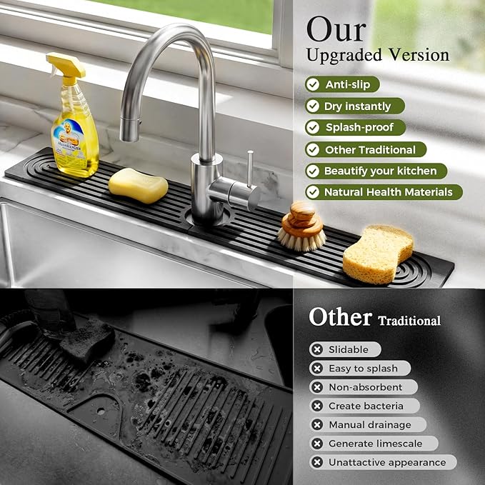 2 Pack Stone Faucet Mat for Kitchen Sink Absorbing Drying Stone Mat Prevent Moisture Sink Splash Guard WaterNatural Diatomite Stone Tray for Bathroom Counter 23.6*3.9inch (White+Grey)