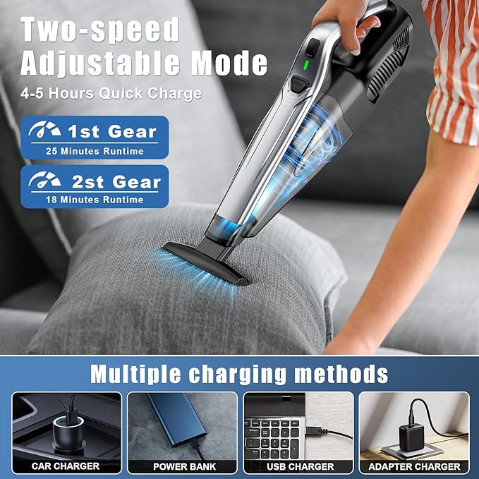 Car Vacuum Handheld Vacuum Cordless with Powerful Suction Type-C Charge 2 Suction Modes 6-in-1 Portable Mini Vacuum for Home Car Office Desk Keyboards
