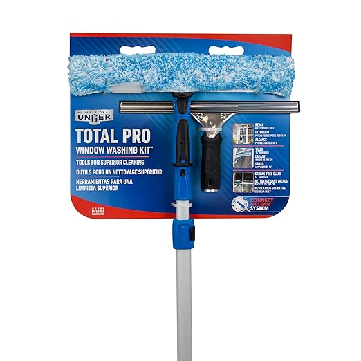 Unger Professional Connect and Clean Total Pro Cleaning Kit All-in-One Household Window Washing with Streak-Free Results Includes 12” Squeegee 14” Scrubber Washer Telescopic Pole Extends Up to 6’