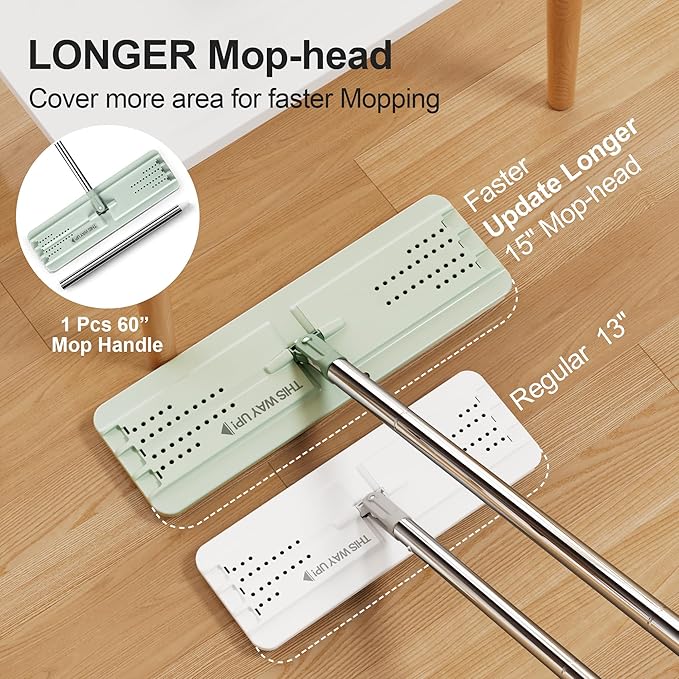 JOYMOOP Mop and Bucket Set - Mops for Floor Cleaning &amp Wall Cleaner with Long Handle Include 5 Microfiber Mop Pads - Green Bucket (X-Large)