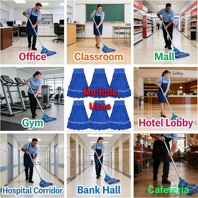 Commercial Mop Head Replacement 6 Pack Heavy Duty Cotton Mop Heads Super Absorbent &amp Washable Floor Cleaning Mop Refills for Cleaning Services Offices &amp Home Use