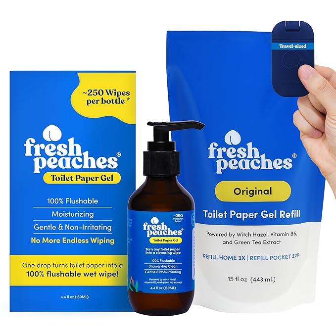 Fresh Peaches Toilet Paper Gel Wet Wipe Alternative - Flushable Eco-Friendly Toilet Paper Spray (Blue Pocket Starter w Pocket and Refill)