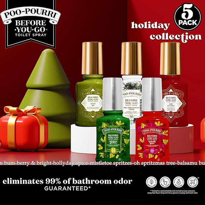 Poo-Pourri Before-You-Go Toilet Spray Holiday set Hollyday Spice Mistletoe Spritzes Oh Spritzmas Tree Berry and Bright Balsam Bum