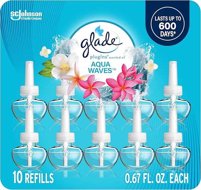 Glade PlugIns Refills Air Freshener Scented and Essential Oils for Home and Bathroom Aqua Waves 6.7 Fl Oz 10 Count
