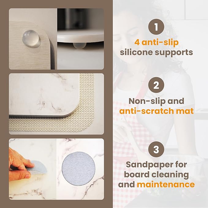 Diatomite Dish Drying Mat – Quick Absorption Non-Slip Heat Resistant up to 450°F – 16x12” White Marble for Kitchen Countertops