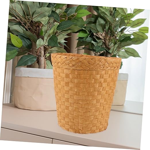 Luxshiny Bamboo Rattan Trash Can Storage Basket Desk Waste Basket for Bedroom Bathroom