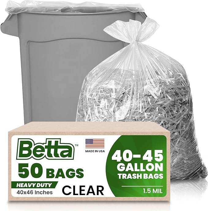 Betta 40-45 Gallon Clear Trash Bags 50 Count Box (40x46-inch) Commercial Heavy-Duty Garbage and Recycling Can Liners for 32-44 Gallon Round Cans 25-35 Gallon Slim and Square Cans
