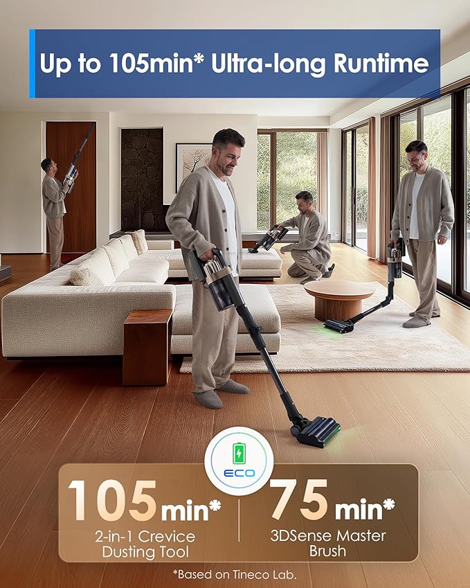 Tineco Pure ONE A90S Cordless Vacuum Cleaner 270AW Powerful Suction Up to 105min Runtime 3DSense Master Brush 150° Green LED Light Stick Vacuum Cleaner for Pet Hair Carpet &amp Hard Floor