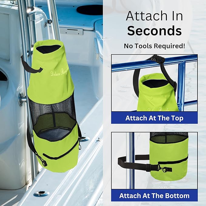 Boat Trash Bag - Heavy-Duty 600D Mesh Oxford Fabric with Bottom Zipper and Top Rubber Closure - Leakproof and Washable for Boats Kayaks Campers RVs and More