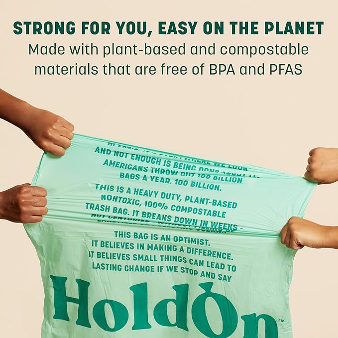 HoldOn 13-Gallon Trash Bags – Plant-based Tall Kitchen Trash Bags with Drawstring Handles for Tall Trash Bins Heavy-duty and Compostable Large Trash Bags (40 bags)
