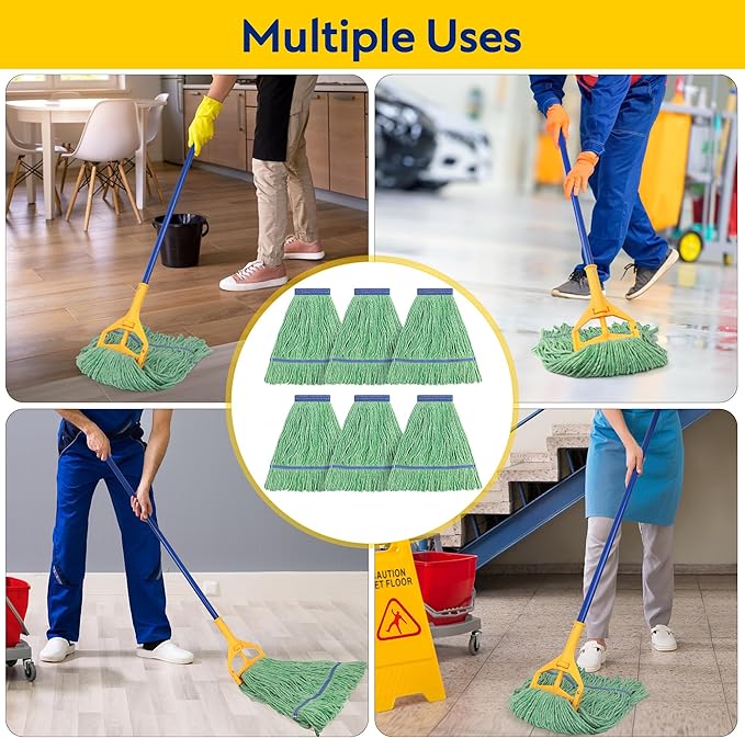 Matthew Cleaning Heavy Duty Mop Head Commercial Replacement for General and Floor Cleaning  Wet Industrial Blue Cotton Looped End String Head Refill (Pack of 6) Green