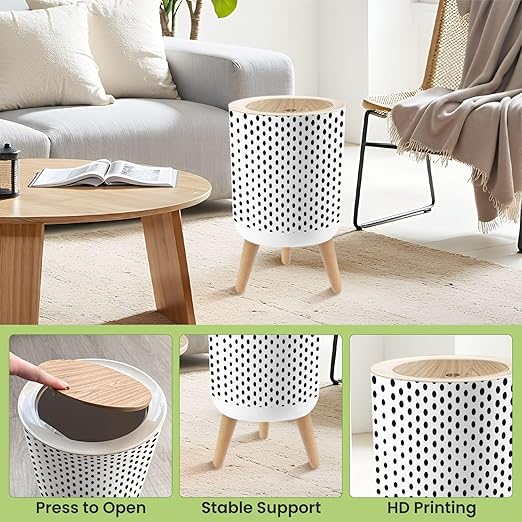 Bathroom Trash Can with Lid Polka dot Abstract Black White Seamless Dotted Cute Artistic Doodle Garbage Bin Waste Basket for Kitchen Office Bedroom Decoration Diaper Pail 1.8 Gallon