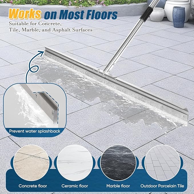 CAROD 33.4 Large Floor Squeegee for Concrete Commercial Heavy Duty Silicone Blade Squeegee for Floor with 63 Stainless Handle Anti-Splash Curved Baffle for Garage Factory and Tough Cleaning Jobs