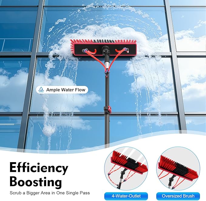 24FT Water Fed Pole Kit Telescopic Solar Panel Cleaning Brush with 210° Rotatable Head and 65.6FT Hose 6-Section Aluminum Alloy Extension Pole for Window Glass Ceiling Cleaning