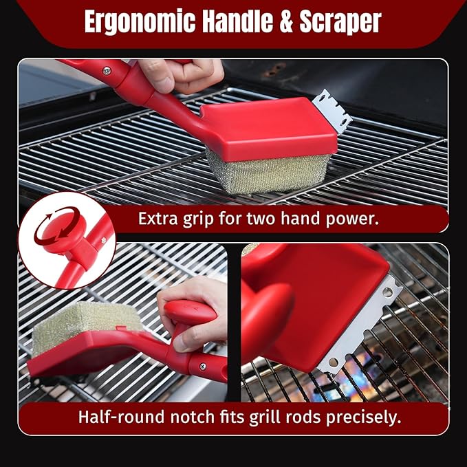 Grill Brush Bristle Free with Aramid Fiber - 600°F Heat Resistant Steam Cleaning Brush Dual Handle BBQ Grill Cleaning Brush with Scraper Replaceable Head for Outdoor Grill Weber Traeger Grates