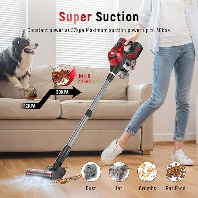 Cordless Vacuum Cleaner for Home Stick Vacuum 40Kpa Smart Display &amp 1.5L Dust Cup MAX 40mins Runtime Rechargeable Lightweight Handheld Vavuum for Pet Hair/Carpet/Hardwood Floor/Car (Crimson)